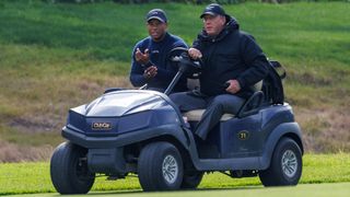 Tiger Woods is driven off the course after his withdrawal from the Genesis Invitational