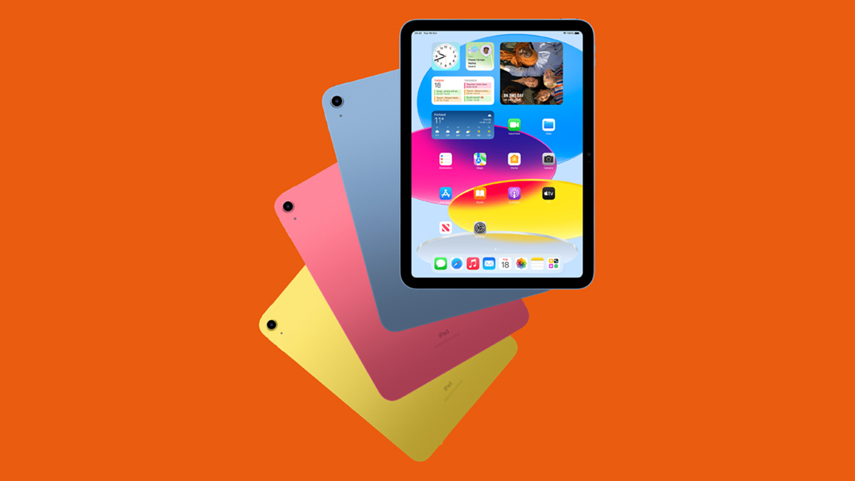 The full range of the iPad (2022) on an orange background.