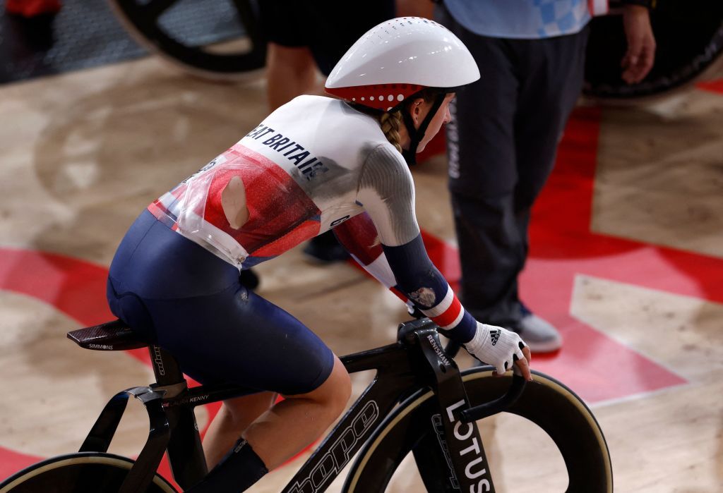 Britains Laura Kennys ripped jersey is seen after she crashed while competing in the womens track cycling omnium scratch race during the Tokyo 2020 Olympic Games at Izu Velodrome in Izu Japan on August 8 2021 Photo by Odd ANDERSEN AFP Photo by ODD ANDERSENAFP via Getty Images