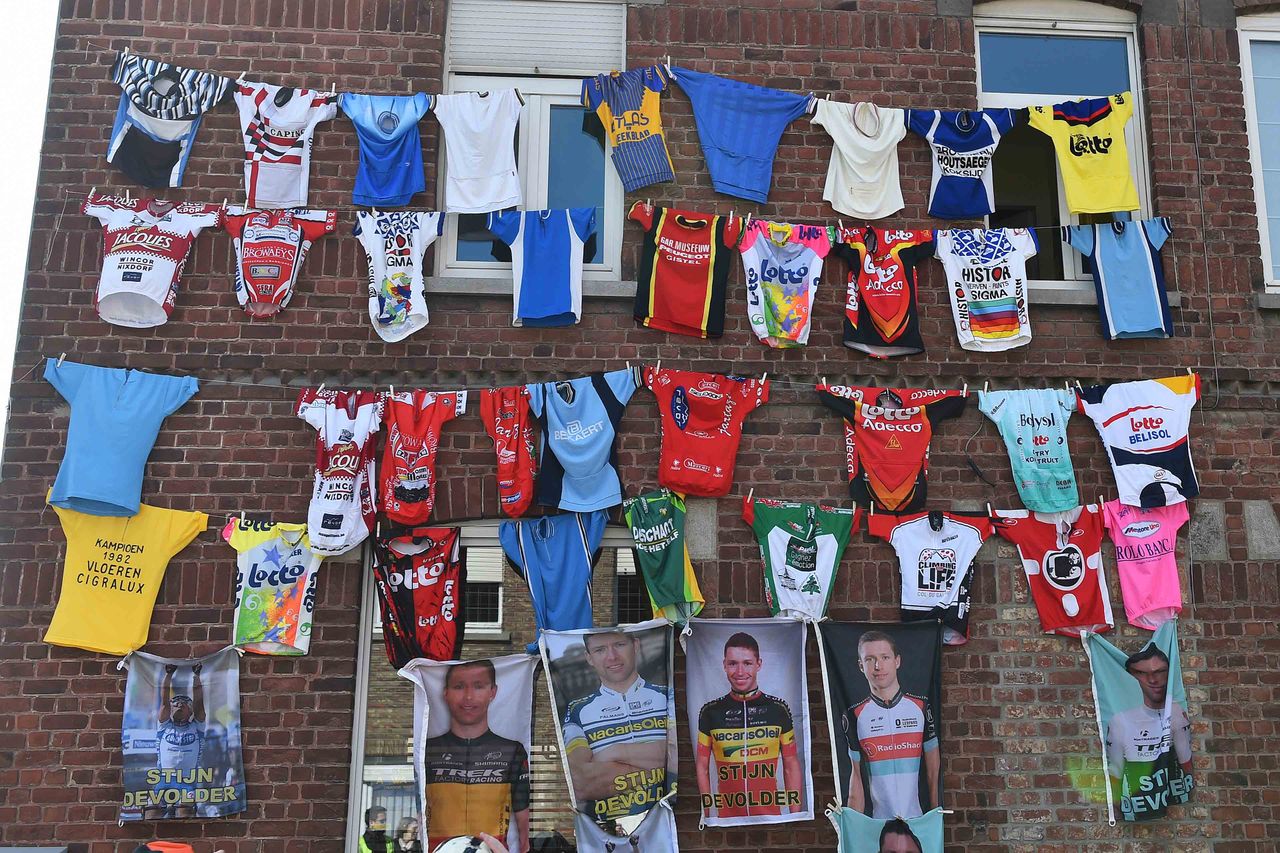 Many jerseys decorate a wall in Bruges