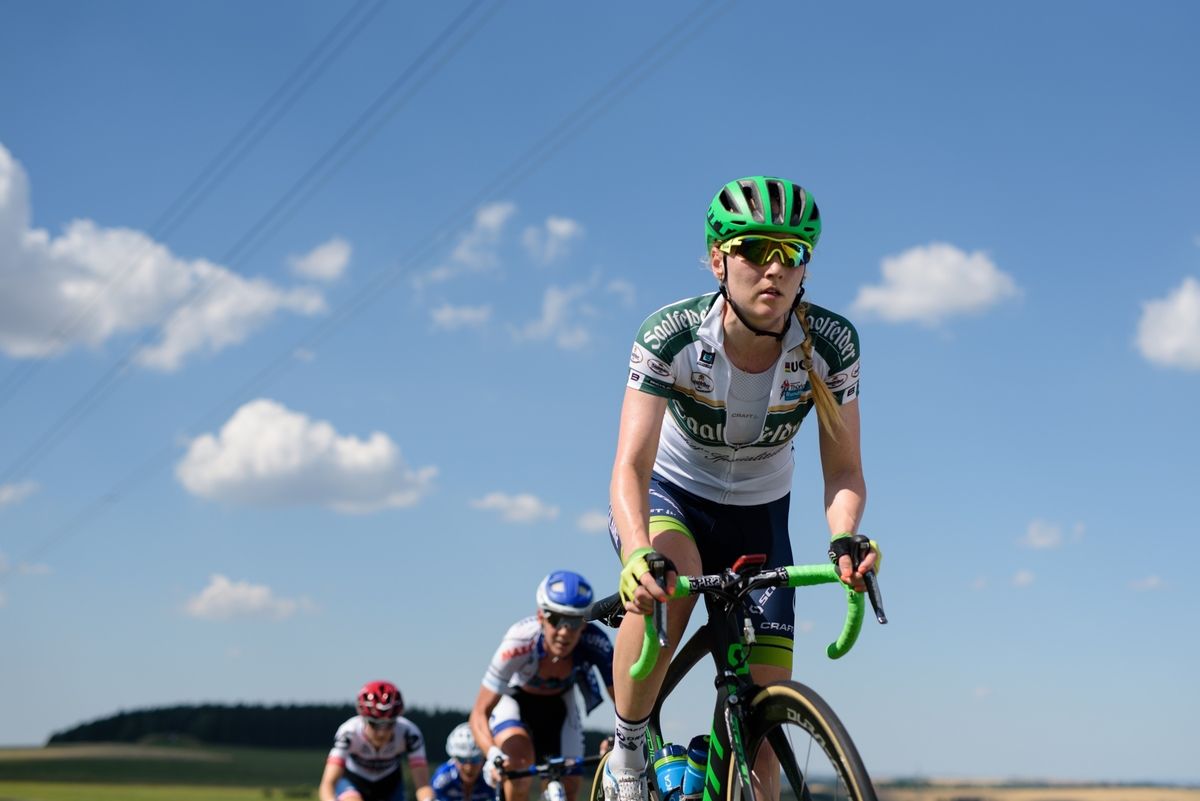Gracie Elvin (Orica AIS) racing with the clouds at Th&Atilde;&frac14;ringen Rundfarht