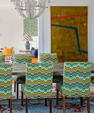 Dining room corner with art and patterned chairs