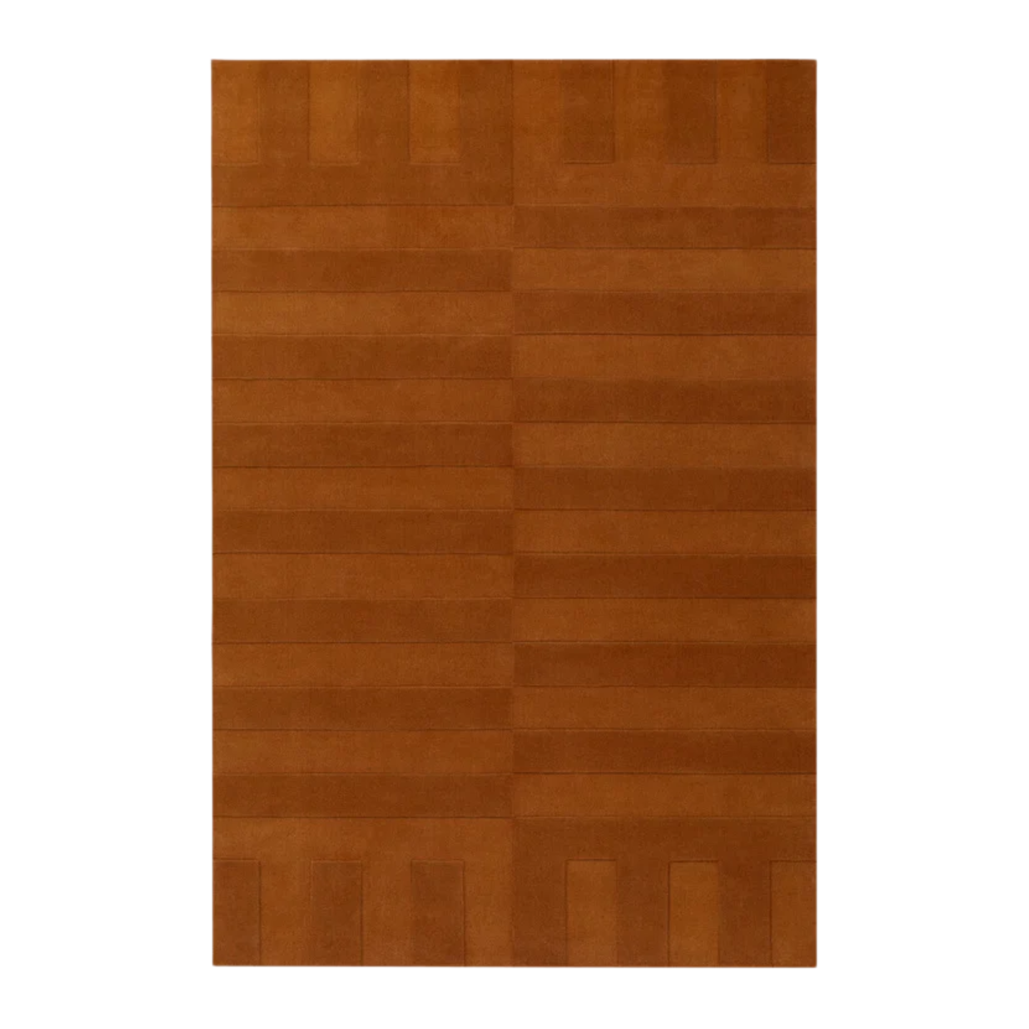 a burnt orange rug with a subtle, repetitive, rectangular pattern 
