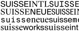 Suisse is a collection of three OpenType families: Suisse Works, Suisse International and Suisse Neue published by Swiss Typefaces in 2011