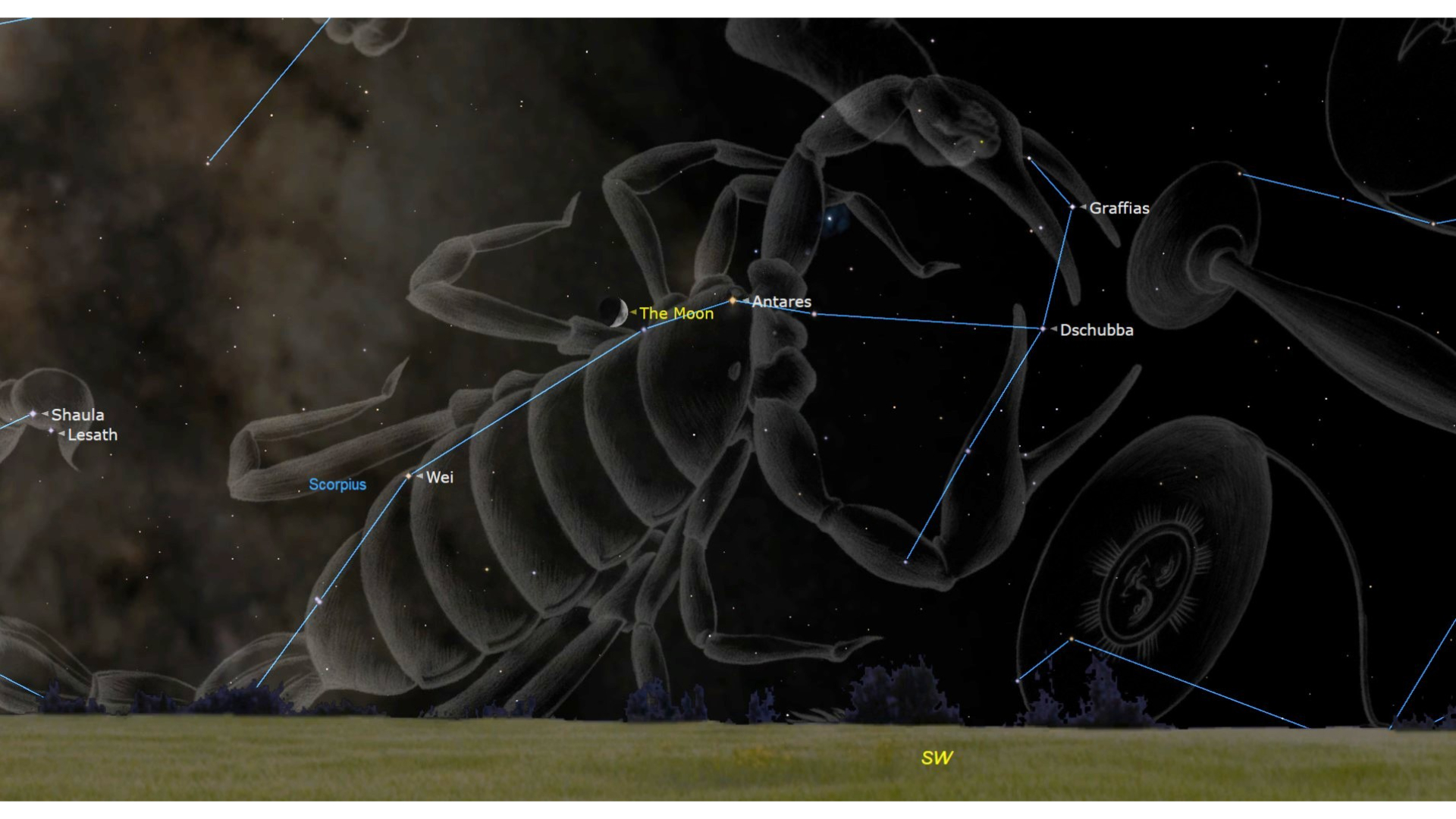 A night sky map showing a scorpion shape with a labeled crescent moon shown in the center of the image.