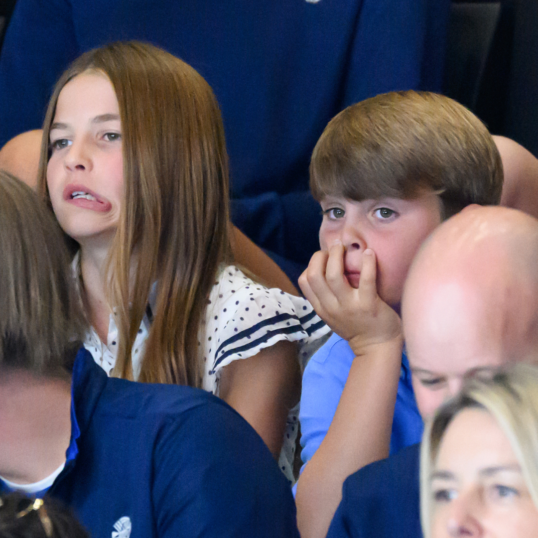 Prince Louis looks subdued while Princess Charlotte makes a strange expression with her mouth at the Commonwealth Games