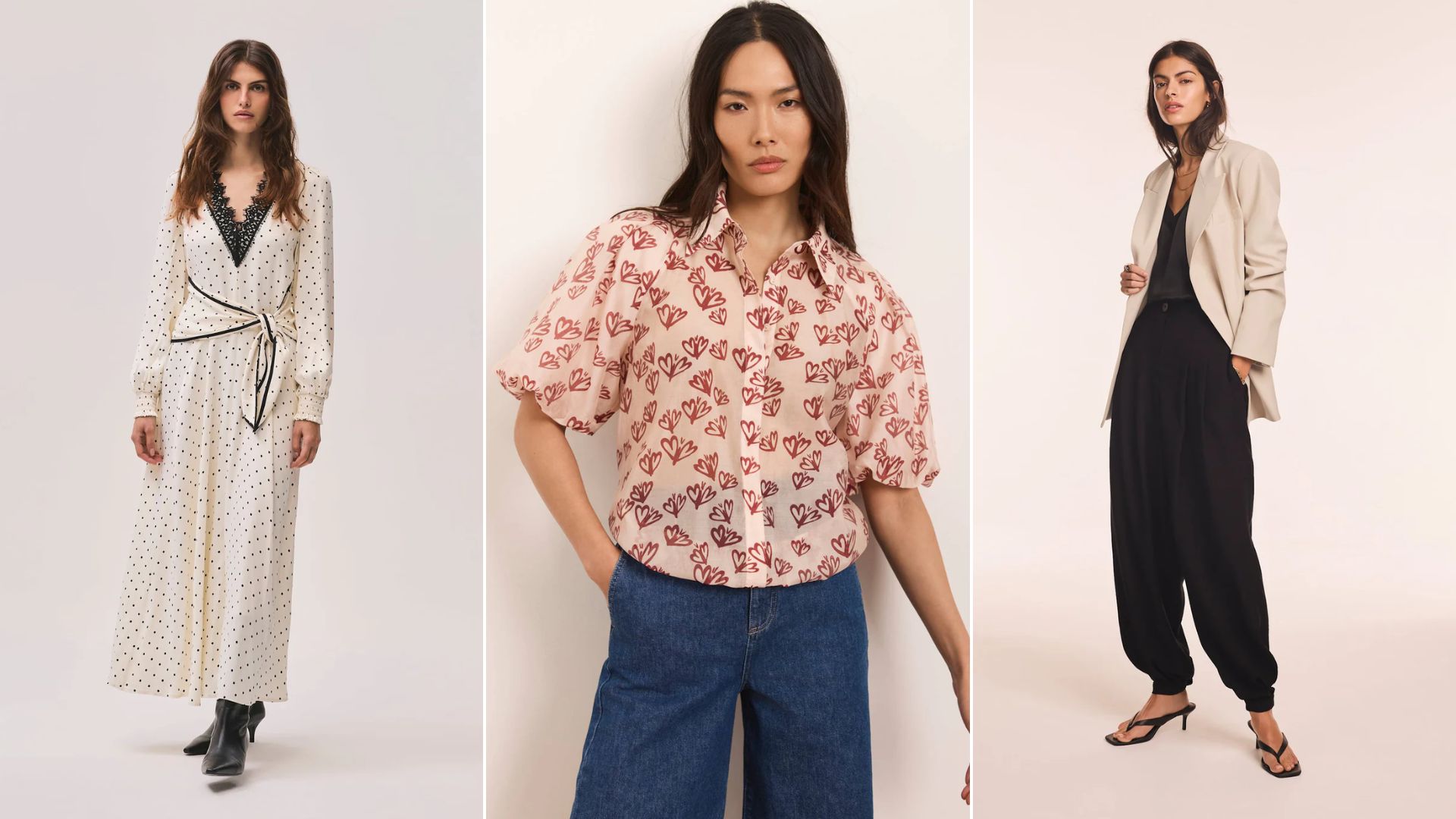 Three models wear different outfits from Mint Velvet