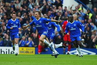 LONDON - MAY 11: Jesper Gronkjaer of Chelsea celebrates scoring the winning goal during the FA Barclaycard Premiership match between Chelsea and Liverpool held on May 11, 2003 at Stamford Bridge, in London. Chelsea won the match 2-1. (Photo by Ben Radford/Getty Images)