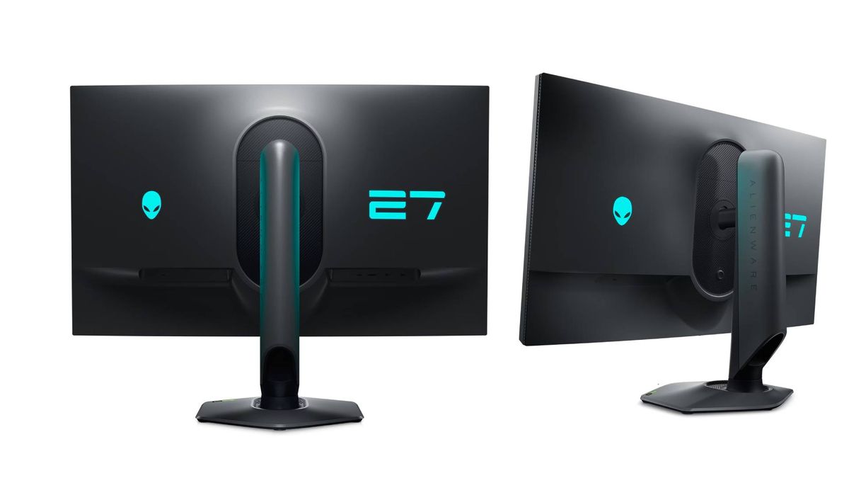 Back and angled view of Alienware AW2724DM gaming monitor with white backdrop.