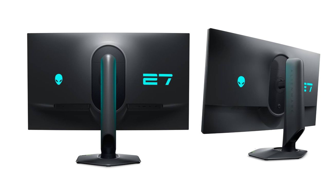 Back and angled view of Alienware AW2724DM gaming monitor with white backdrop.