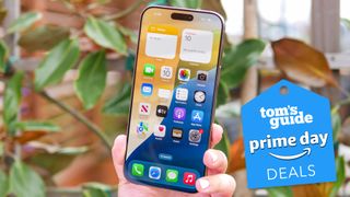 iPhone 16 Pro Max with Prime Day Deal badge near it.