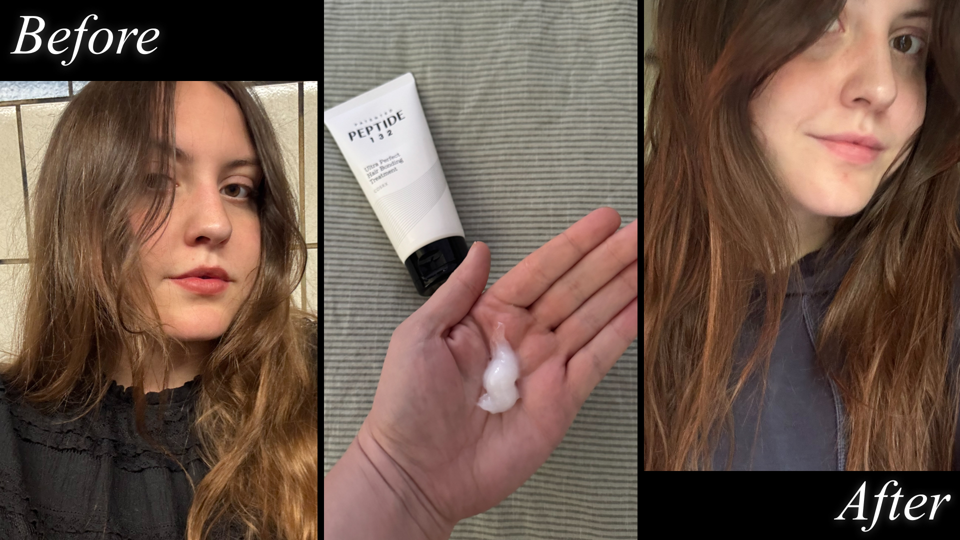Sophia Vilensky before and after testing COSRX's at-home keratin treatment mask, plus a photo of the mask's texture in her open palm.