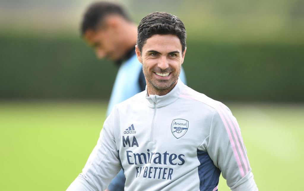 Arsenal manager Mikel Arteta during a training session at London Colney on September 07, 2022 in St Albans, England.