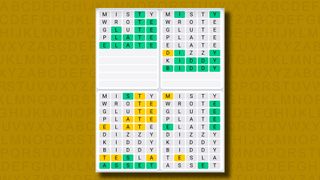 Quordle Daily Sequence answers for game 1112 on a yellow background