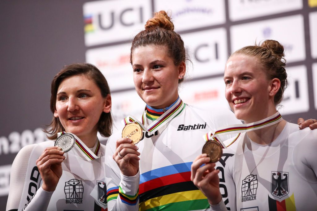 BERLIN GERMANY FEBRUARY 29 LR Silver medalist Lisa Brennauer of Germany Gold medalist Chloe Dygert of USA and Bronze Medalist Franziska Brausse of Germany pose on the podium after during day 4 of the UCI Track Cycling World Championships Berlin at Velodrom on February 29 2020 in Berlin Germany Photo by Maja HitijGetty Images