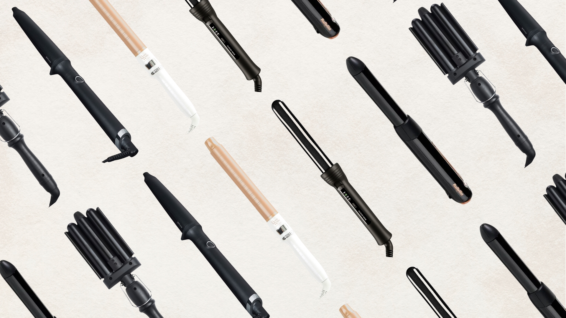 Collage of the best curling wands for fine hair on a neutral background, including (L-R) Amika, ghd, Beauty Works, Cloud Nine and BaByliss 