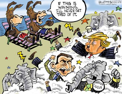 Political Cartoon U.S. Democrats enjoy Republican fighting freedom caucus Trump GOP Congress