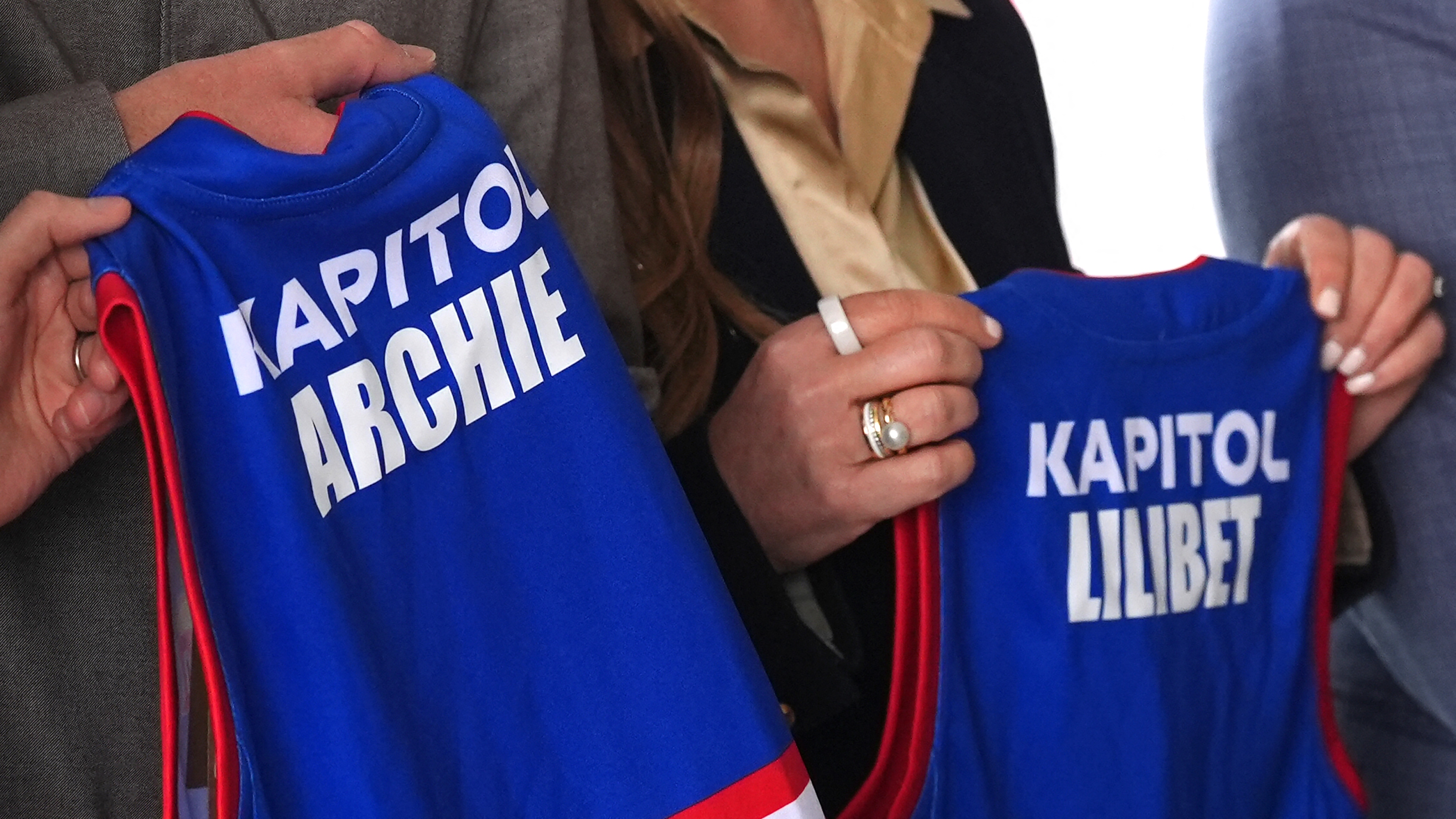 Prince Harry, Duke of Sussex, is presented with Western Bulldogs Archie and Lilibet jerseys during a visit to a Movember event at Whitten Oval in Melbourne on April 15, 2026