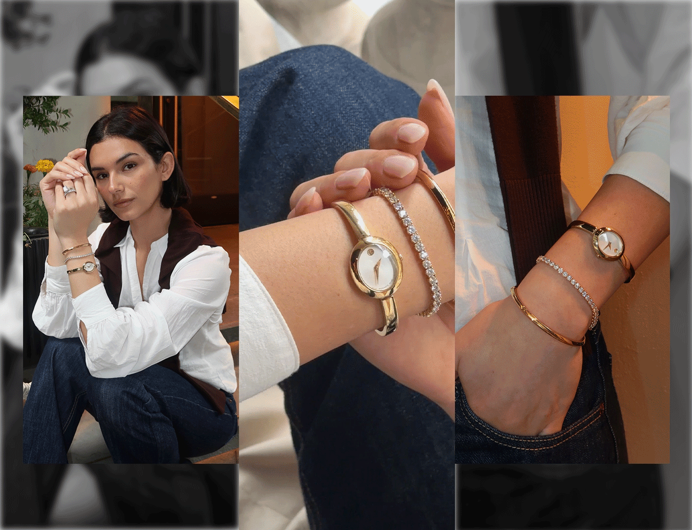 Posing with Movado watch stack