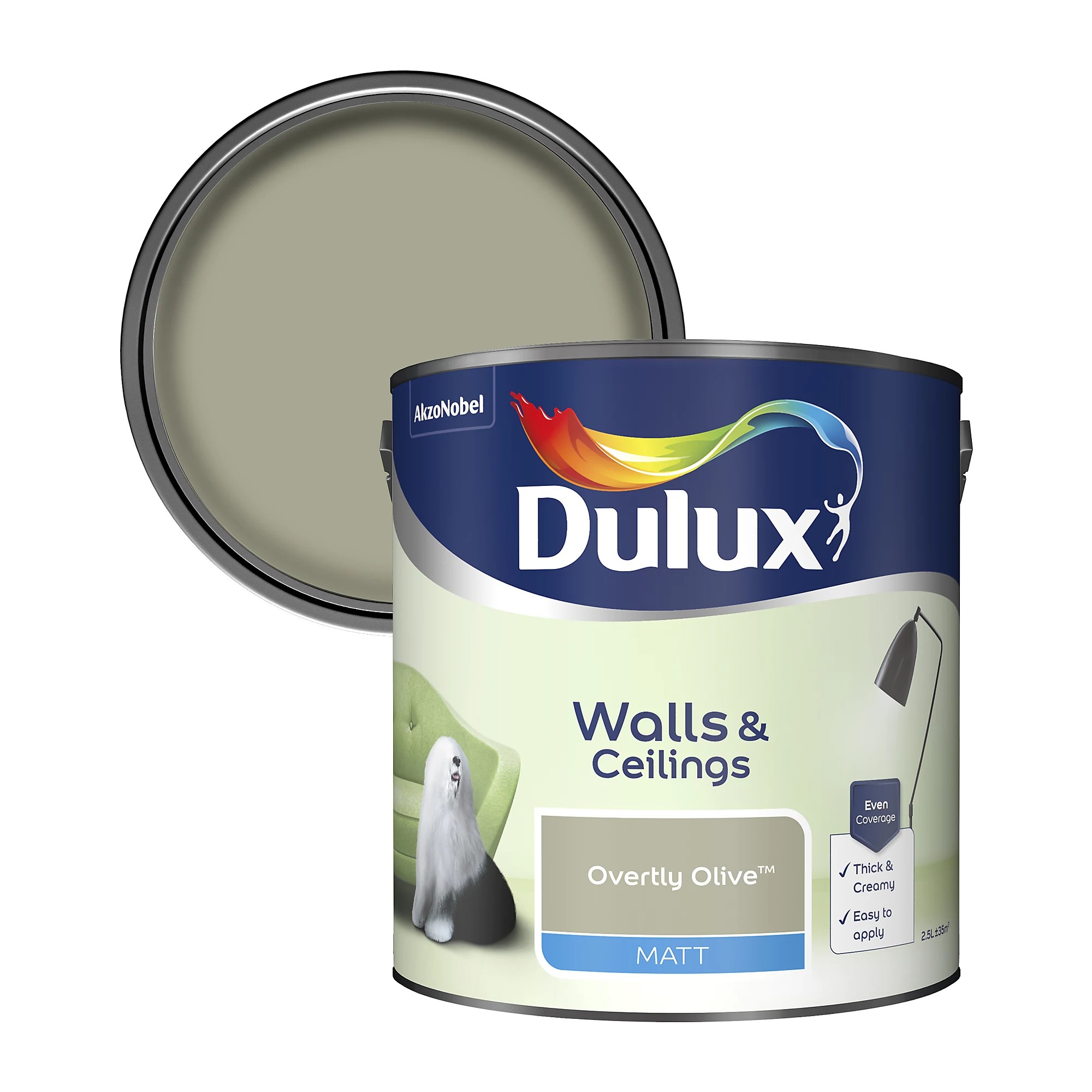 Dulux Walls &amp;amp; Ceilings Overtly olive Matt Emulsion paint, 2.5L