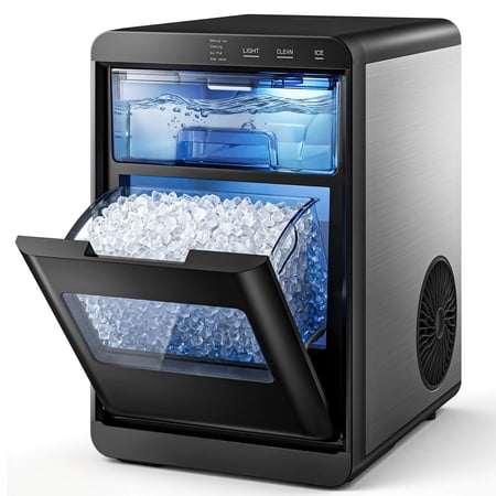 Simzlife Nugget Ice Maker Countertop, 44lbs Per Day Soft Chewable Pebble Nugget Ice Machine, One-Touch Self-Cleaning With Touch Screen for Home, Kitchen, Office, Stainless Steel, Black