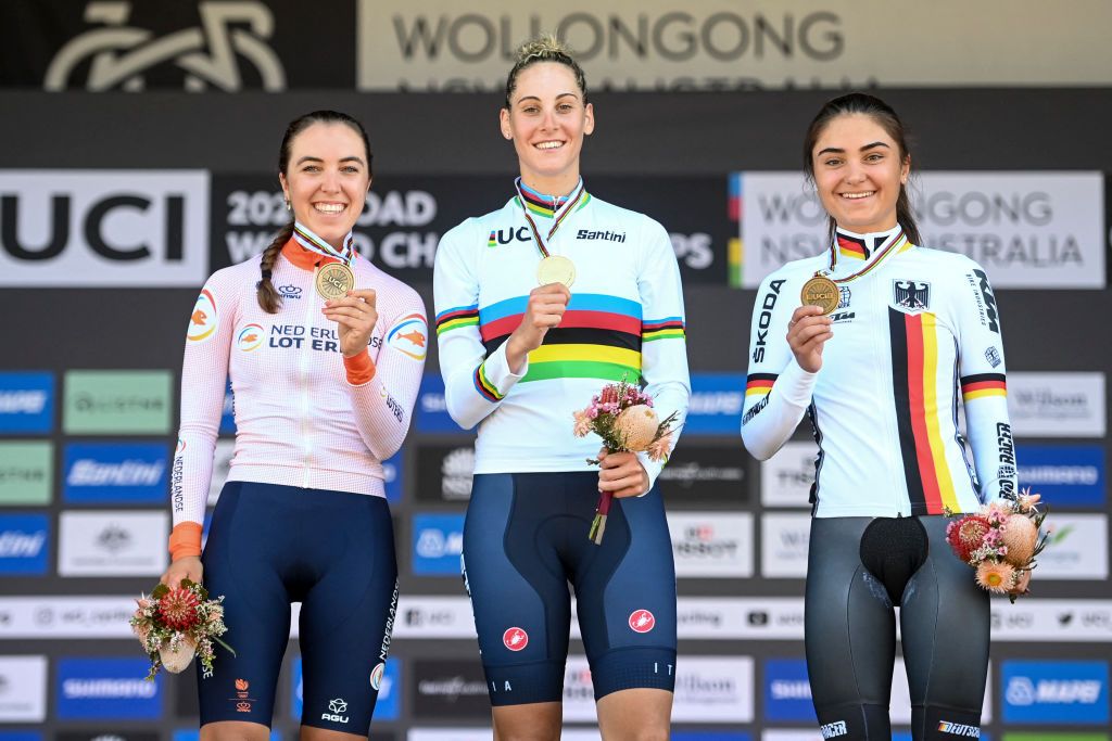 Dutch Shirin van Anrooij winner of the silver medal Italian Vittoria Guazzini of FDJ NouvelleAquitaine Futuroscope winner of the gold medal and Ricarda Bauernfeind of Germany winner of the bronze medal pictured on the podium after the women elite individual time trial at the UCI Road World Championships Cycling 2022 in Wollongong Australia Sunday 18 September 2022 The Worlds are taking place from 18 to 25 September BELGA PHOTO DIRK WAEM Photo by DIRK WAEM BELGA MAG Belga via AFP Photo by DIRK WAEMBELGA MAGAFP via Getty Images