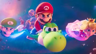 Luigi, Mario, Yoshi, and Princess Peach flying to the rescue in The Super Mario Galaxy Movie