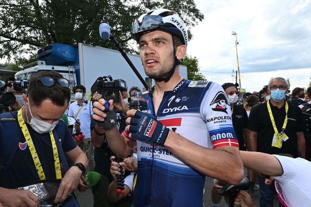 Soudal QuickSteps Danish rider Kasper Asgreen C reacts in the finish area after the 19th stage of the 110th edition of the Tour de France cycling race 173 km between MoiransenMontagne and Poligny in the Jura department of centraleastern France on July 21 2023 Photo by Tim De Waele POOL AFP Photo by TIM DE WAELEPOOLAFP via Getty Images