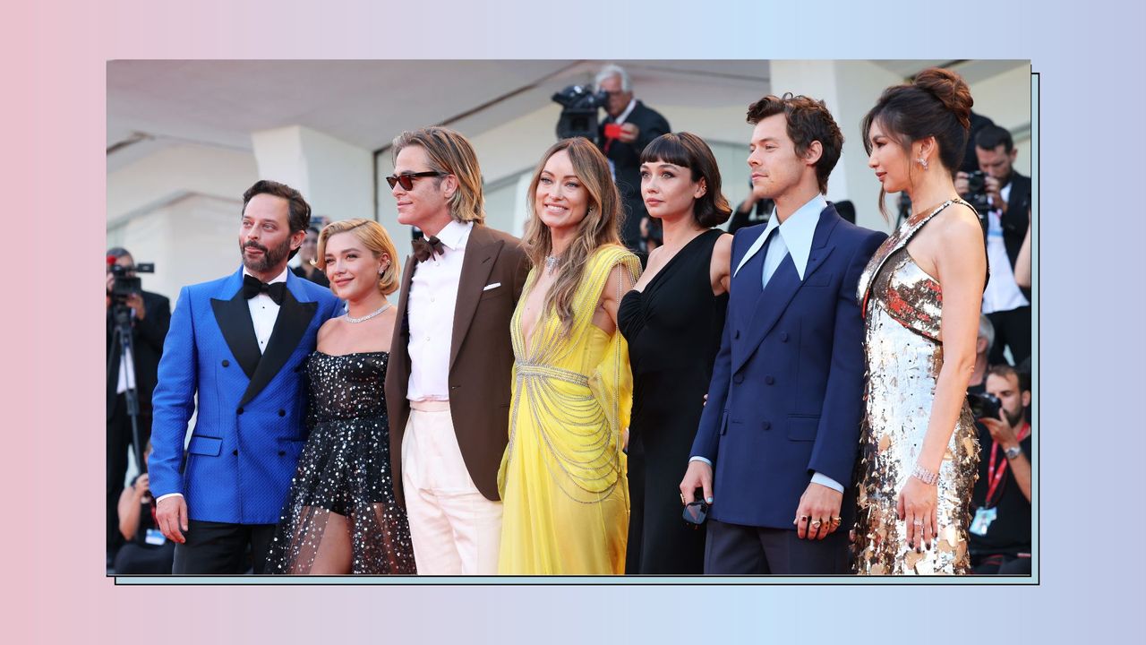 Nick Kroll, Florence Pugh, Chris Pine, Olivia Wilde, Sydney Chandler, Harry Styles and Gemma Chan attend the &quot;Don&#039;t Worry Darling&quot; red carpet at the 79th Venice International Film Festival on September 05, 2022 in Venice, Italy. 