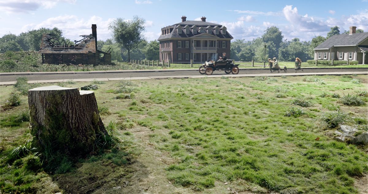 Making the VFX of Here; a scene is designed and rendered of a house in a wood, the trees are cut down