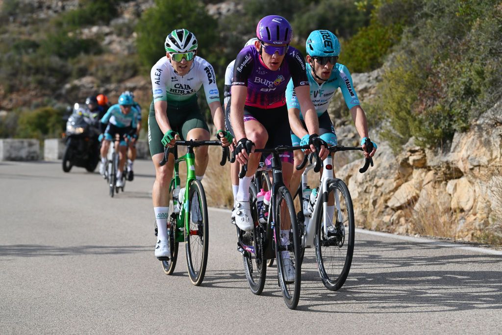 CASTELLON SPAIN JANUARY 31 LR Gorka Sorarrain of Spain and Team Caja RuralRGA Jetse Bol of The Netherlands and Team BurgosBH and Alessandro Tonelli of Italy and Team VF GroupBardiani CSF compete in the breakaway during 75th Volta a la Comunitat Valenciana 2024 Stage 1 a 167km stage from Benicassim to Castellon de la Plana on January 31 2024 in Castellon Spain Photo by Dario BelingheriGetty Images