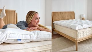 A blonde woman laying on her stomach on Naturepedic mattress topper on mattress with rattan headboard