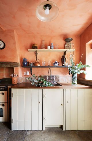rustic boho kitchen with white tongue and groove cabinetry and orange walls