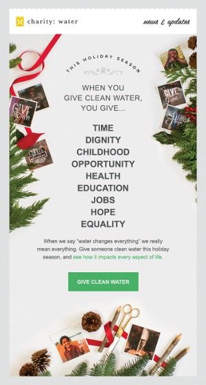 An email charity: water sent around the holidays in 2013. The holly and pine cones were collected from a park near their office in New York