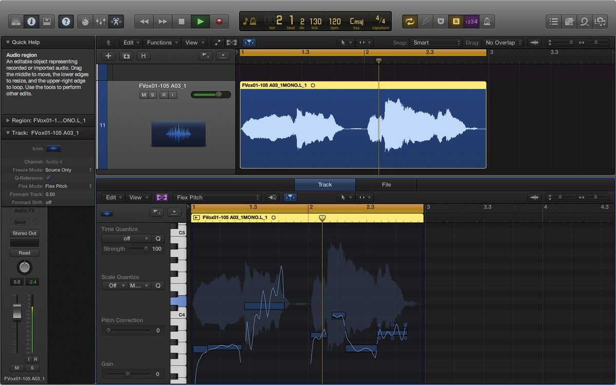 Flex Pitch overlays the notes of the selected clip in a piano roll on top of the waveform.