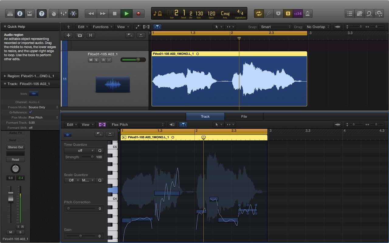 Flex Pitch overlays the notes of the selected clip in a piano roll on top of the waveform.