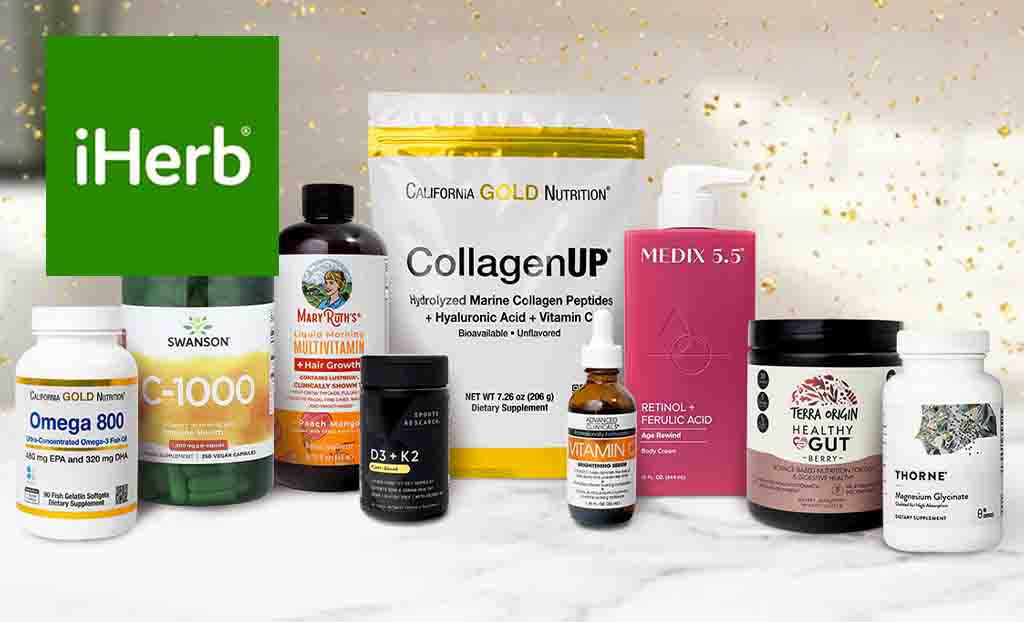 iHerb logo top left with a collection of many types of vitamins and supplements