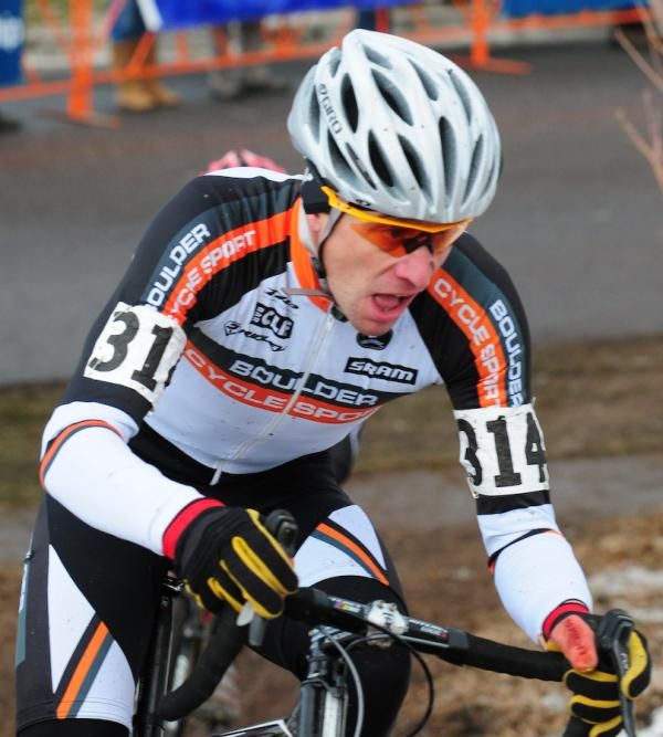 Peter Webber (Boulder Cycle Sports) leaving the pavement and heading onto the dirt
