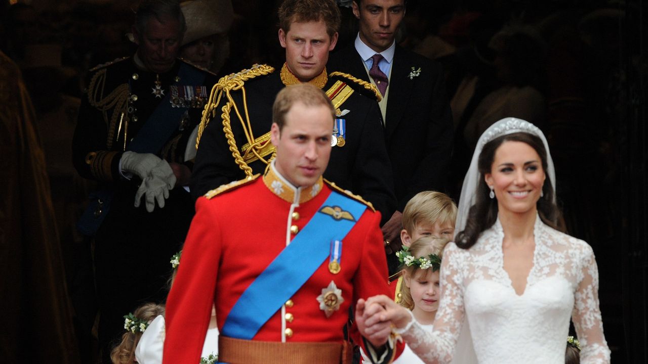 Britain&#039;s Prince Harry (Background C) leaves Westminster Abbey in London, after the wedding ceremony of his brother Prince William (Front L) and Kate, (Front R) Duchess of Cambridge, on April 29, 2011.