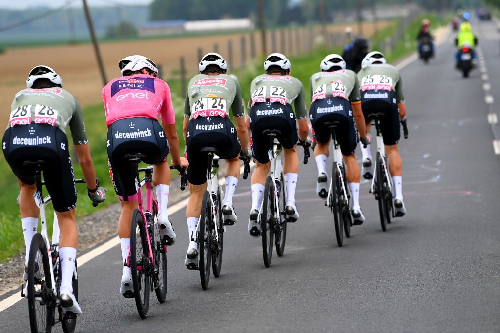 BALATONFURED HUNGARY MAY 08 Mathieu Van Der Poel of Netherlands pink leader jersey and Team Alpecin Fenix compete during the 105th Giro dItalia 2022 Stage 3 a 201km stage from Kaposvr to Balatonfred Giro WorldTour on May 08 2022 in Balatonfured Hungary Photo by Tim de WaeleGetty Images