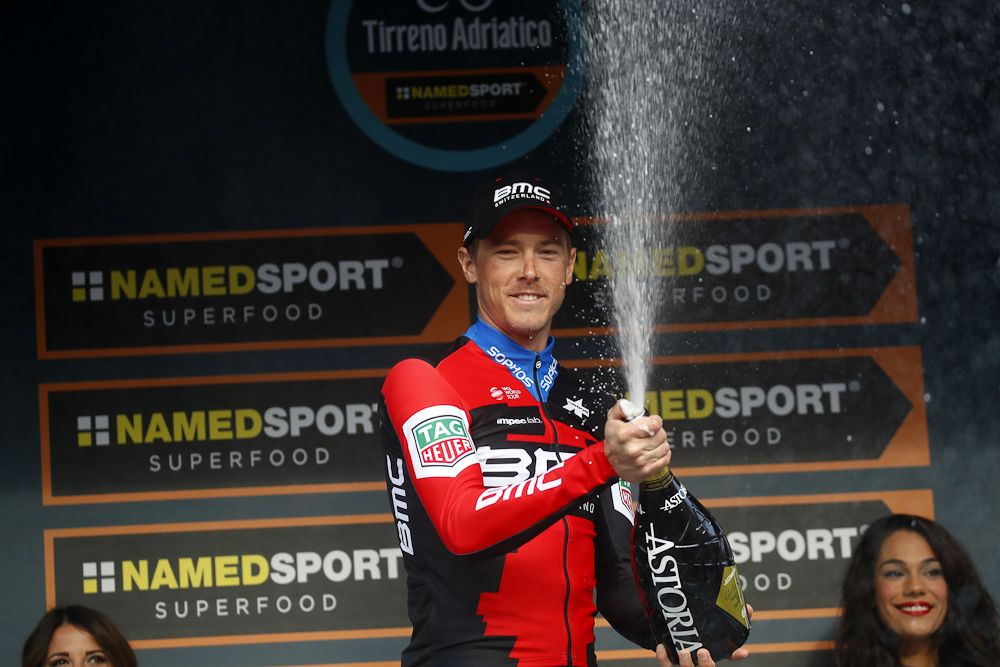 Rohan Dennis celebrates his win in the final time trial at Tirreno-Adriatico