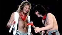 David Lee Roth and Eddie Van Halen (1955 - 2020), both of the group Van Halen, perform onstage at the Jacksonville Coliseum, Jacksonville, Florida, January 18, 1984.