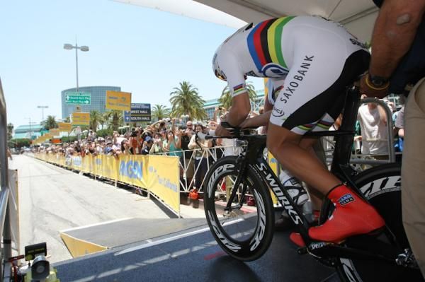 World champion Fabian Cancellara (Team Saxo Bank) leaves the start house.