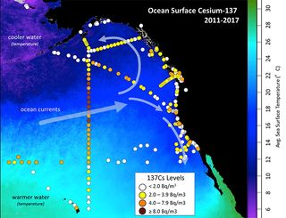 Each dot shows where surface water was tested for cesium-137 between 2011 and 2017. All of the samples have cesium-137 from before the Fukushima disaster because of nuclear weapons testing.