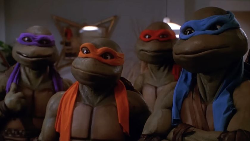 Leonardo, Donatello, Michelangelo and Raphael looking as Splinter in Teenage Mutant Ninja Turtles II: The Secret of the Ooze