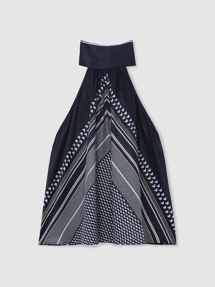 Reiss, Scarf-Print Tie-Neck Sleeveless Top in Navy