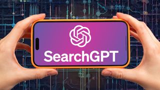 SearchGPT and OpenAI logo on a horizontal phone chipboard-esque logo