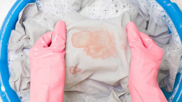 Gloved hands washing a red stained cloth in a blue basin