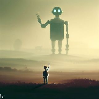 Bing Image Generator by Dall-E, Prompt: Boy waving to robot called Sydney in distance