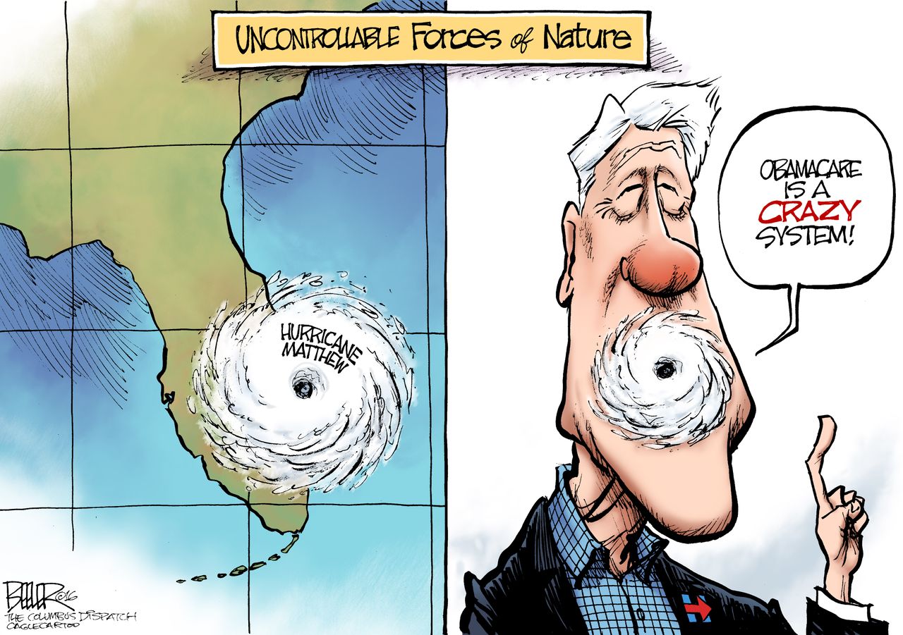 Editorial cartoon U.S. Hurricane Matthew Bill Clinton Obamacare